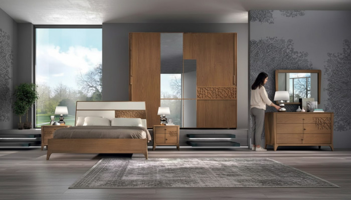 Schlofzëmmer Set 6-Stéck Luxus Bett 2x Nuetsdëscher Kleederschaf Holz Nei