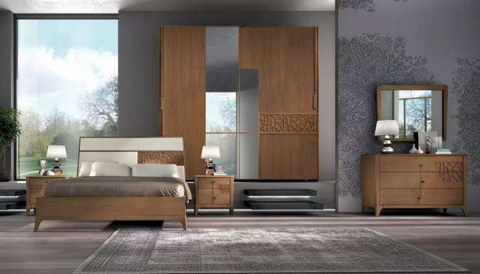 Schlofzëmmer Set 6-Stéck Luxus Bett 2x Nuetsdëscher Kleederschaf Holz Nei