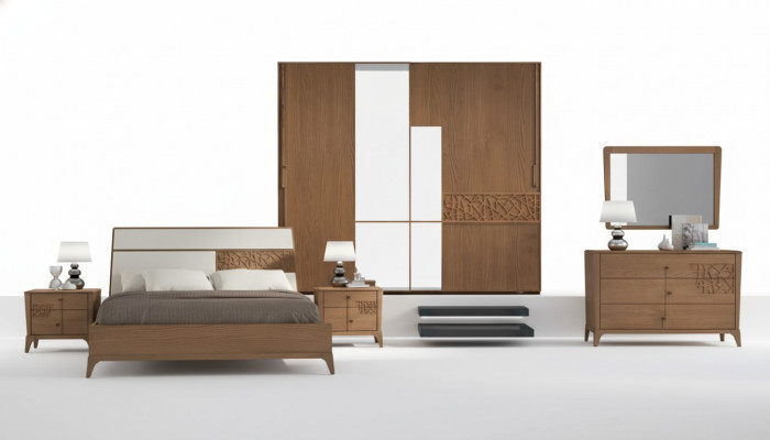Schlofzëmmer Set 6-Stéck Luxus Bett 2x Nuetsdëscher Kleederschaf Holz Nei