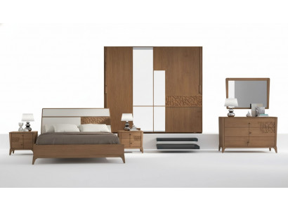 Schlofzëmmer Set 6-Stéck Luxus Bett 2x Nuetsdëscher Kleederschaf Holz Nei