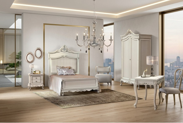 Schlofzëmmer Set Stil Modern Bett Nuetsdësch Schreifdësch Miwwelen 4 Stécker.