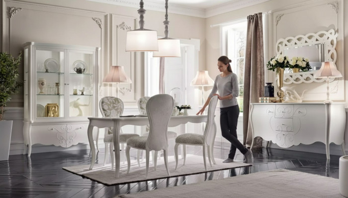 Iesszëmmer Set 8tl. Iessdësch 4x Still Sideboard Spigel Garnitur Wäiss