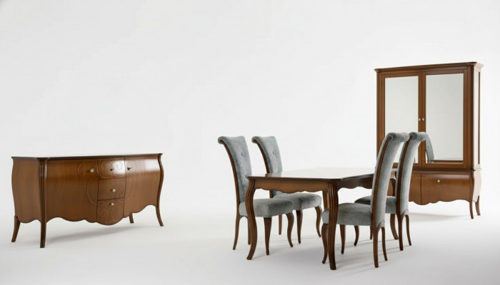 Komplettset Iessdësch 4x Still Iesszëmmer Set Grupp Holz Vitrin 7Deeler.