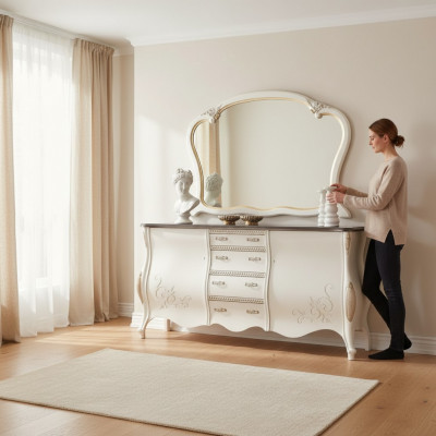 Sideboard mat Spigel Wunnzëmmer Kommode Holz Miwwelen Design Wäiss Nei