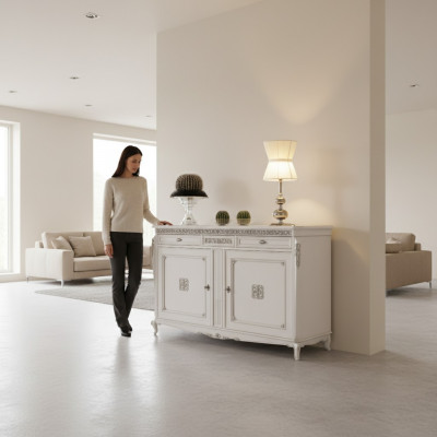 Sideboard Komod Luxus Schief Liewenzëmmer Holz Wäiss Klassesch Miwwelen
