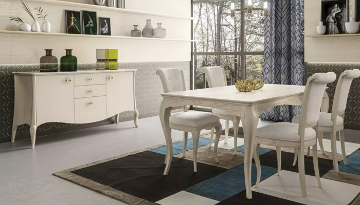 Iesszëmmer Set Wäiss Iessdësch 4x Still Sideboard Elegantes Design Nei 6tlg.