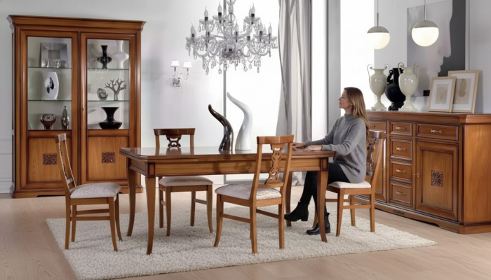 Design Iesszëmmer Set Garnitur 7 Stéck Holz Miwwelen 4x Still Dësch Vitrinn Nei