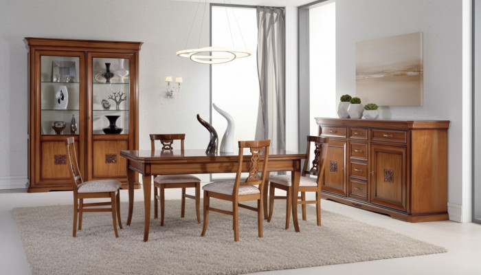 Design Iesszëmmer Set Garnitur 7 Stéck Holz Miwwelen 4x Still Dësch Vitrinn Nei