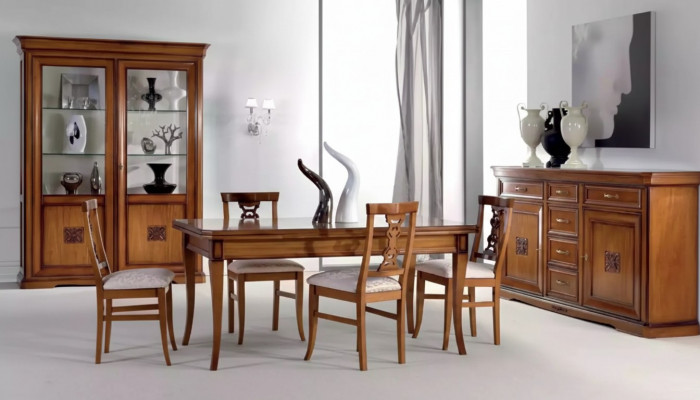 Design Iesszëmmer Set Garnitur 7 Stéck Holz Miwwelen 4x Still Dësch Vitrinn Nei