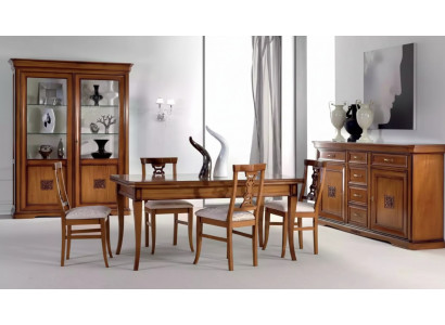 Design Iesszëmmer Set Garnitur 7 Stéck Holz Miwwelen 4x Still Dësch Vitrinn Nei