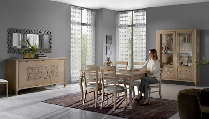 Design Iesszëmmer Set Iessdësch 8-Teileg Holz Miwwel Sideboard 4x Still Neu