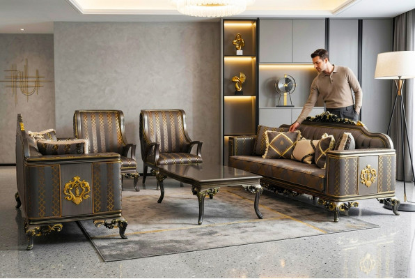 Wunnzëmmer Set Sofagarnitur Naturfaarwen Design Polstermébel Dësch.