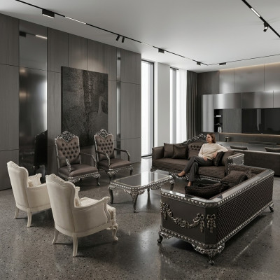 Luxus Wunnzëmmer Sofagarnitur Miwwelen 3+3+1+1 2x Sofa 2x Fauteuil Braun Nei