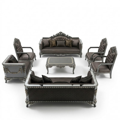 Luxus Wunnzëmmer Sofagarnitur Miwwelen 3+3+1+1 2x Sofa 2x Fauteuil Braun Nei