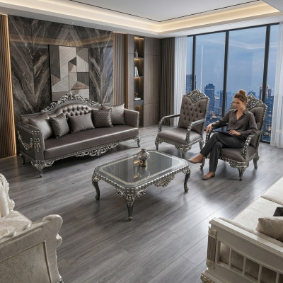 Luxuriéis Dräisitzer Sofa moderne 3 Sëtz Stiléiert Sofa 3 Sëtz Brong
