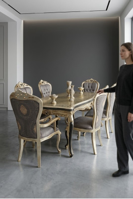 Exklusiv Iesszëmmer Miwwelen luxuriéisen Iessdësch + 4x Dëscht Stull Golddiecher