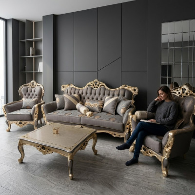 Exklusivt Sofagarnitur Set 3+3+1 3-Deel 2x Sofa Fauteuil Relax Luxus Set