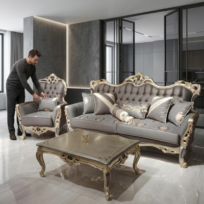 Elegante Canapé mat Fauteuil Canapé-Set Grau Relax 2tlg Wunnzëmmer Miwwelen