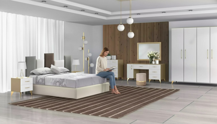 Schlofzëmmer Set Bett 2x Nuetsdësch Kommode 7tlg Design Luxus