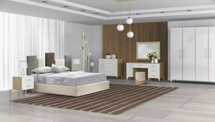 Schlofzëmmer Set Bett 2x Nuetsdësch Kommode 7tlg Design Luxus