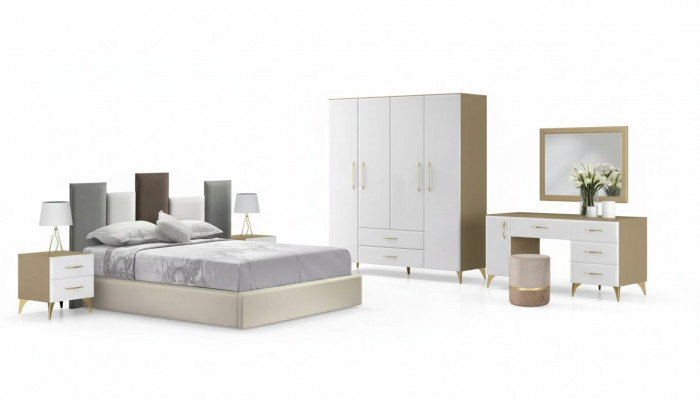 Schlofzëmmer Set Bett 2x Nuetsdësch Kommode 7tlg Design Luxus