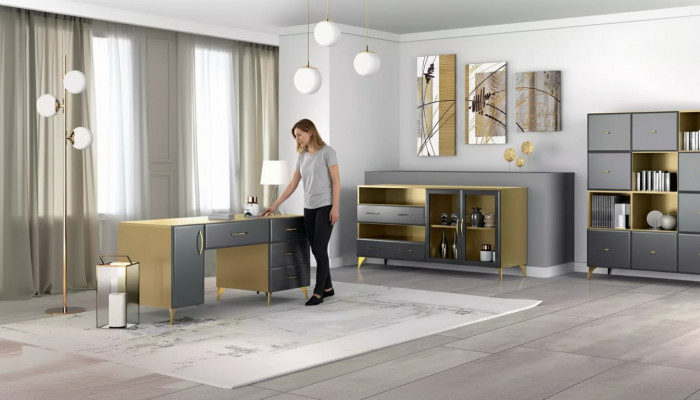 Wunnzëmmer Set Schreifdësch Sideboard Bicherregal 3tlg. Dësch Miwwelen Holz