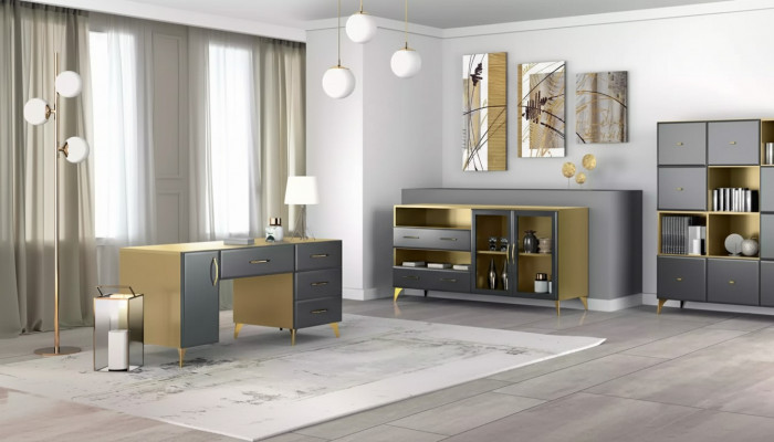 Wunnzëmmer Set Schreifdësch Sideboard Bicherregal 3tlg. Dësch Miwwelen Holz