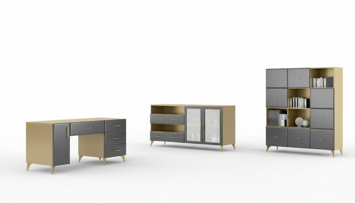 Wunnzëmmer Set Schreifdësch Sideboard Bicherregal 3tlg. Dësch Miwwelen Holz