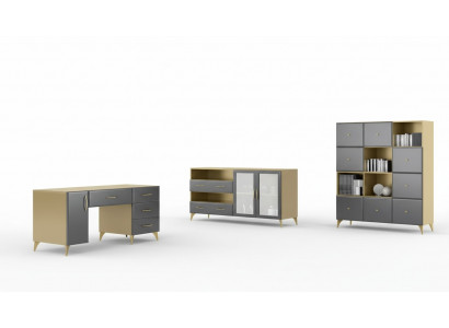 Wunnzëmmer Set Schreifdësch Sideboard Bicherregal 3tlg. Dësch Miwwelen Holz