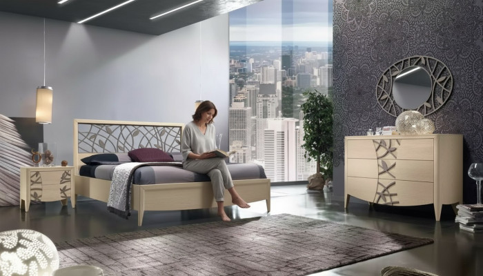 Schlofkummer Set Komplett Bett 2x Nuetsdësch Kommode 5 Deeler nei beige