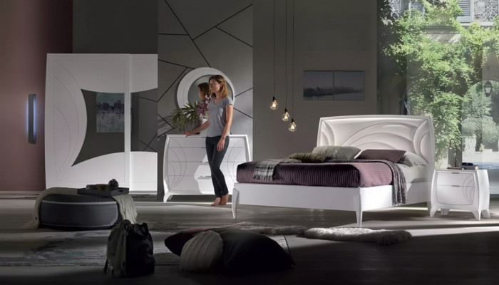 Schlofzëmmer Set Bett 2x Nuetsdësch Kleederschaf 6tlg Design Luxus