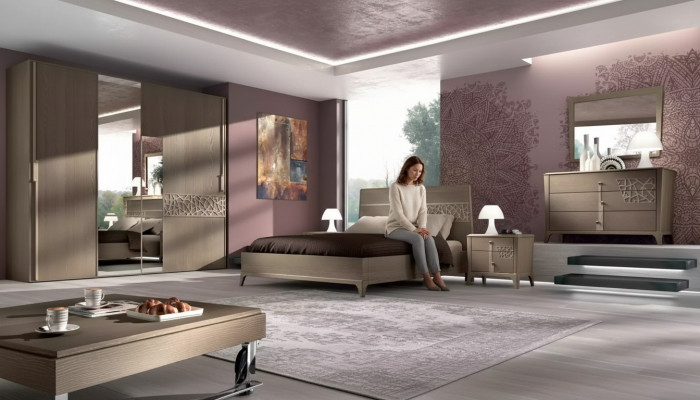 Schlofkummer Bett 2x Nuetsdësch Design 6tlg. Komplett Set brong 6tlg