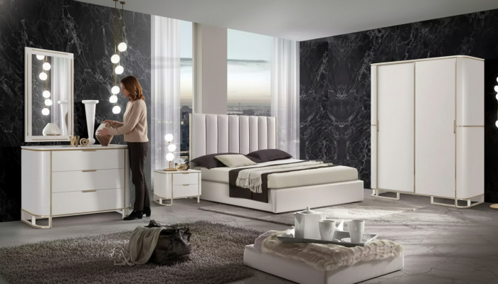 Bett 2x Nuetsdëscher Kommod 6tlg. Schlofzëmmer Set Design Luxus nei
