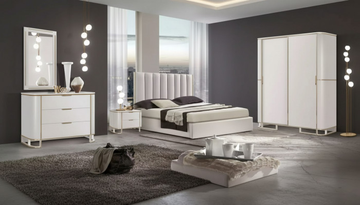 Bett 2x Nuetsdëscher Kommod 6tlg. Schlofzëmmer Set Design Luxus nei