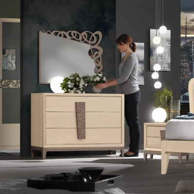 Schlofzëmmer Set Luxus Kommode Spigel Design Miwwelen beige 3tlg Holz
