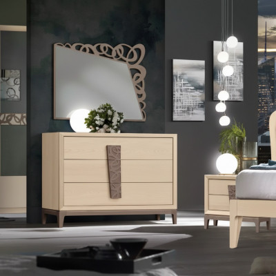 Schlofzëmmer Set Luxus Kommode Spigel Design Miwwelen beige 3tlg Holz
