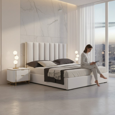 Schlofkummer Set Luxus Bett 2x Nuetsdëscher Design nei wäiss 3tlg Modern