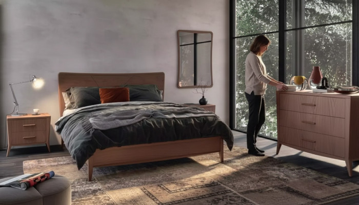 Schlofkummer Set Bett 2x Nuetsdëscher Kommode Design Luxus Miwwelen 4tlg