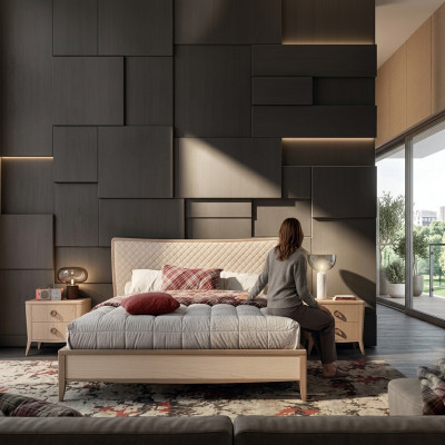 Schlofzëmmer Set Bett 2x Nuetsdëscher Design Luxus nei 3tlg Modern Holz