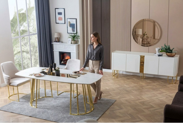 Dësch Still 7-deelzegt Iesszëmmer Holzdësch Iesszëmmer Set Grupp nei Design