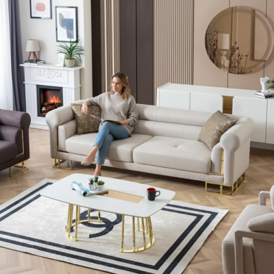 Canapé 3 Sëtzer Textil Wunnzëmmer Design Modern Nei Luxus wäiss