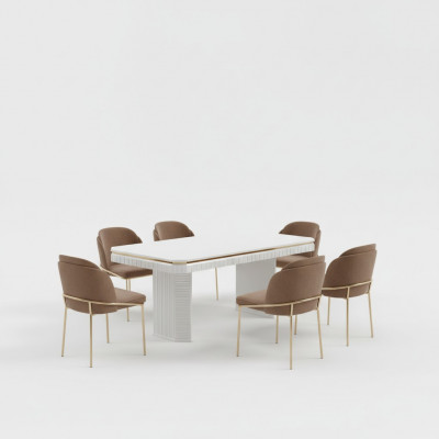 Iesszëmmer Iessdësch 6x Stull beige Garnitur Set 7tlg Luxus Holz Miwwelen