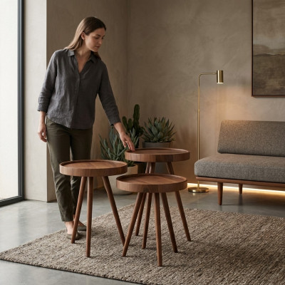 Niewentisch 3x ronn Dekotisch Luuchttisch Canapé Dësch Holz brong
