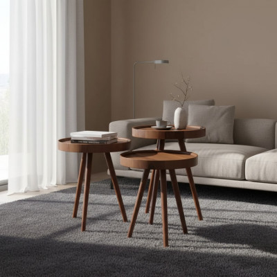 Niewentisch 3x ronn Dekotisch Luuchttisch Canapé Dësch Holz brong