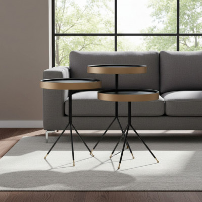 Niewentisch 3x ronnd Dekotisch Luuchtendësch Sofadësch Dësch Holz schwaarz