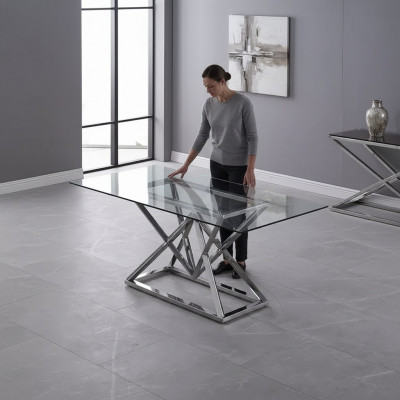 Designer Iesszëmmer Modernen Dësch aus Glas Edelstahldëscher Edelstahlgestell