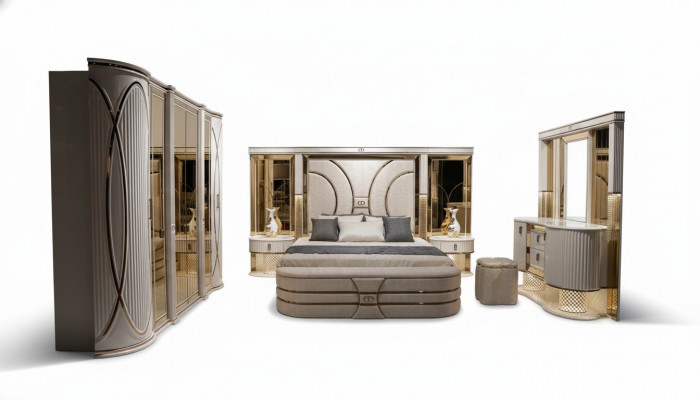Schlofzëmmer-Set Komplette Bett 2x Nuetsdëscher Kleederschaf Nei 7 Deeler