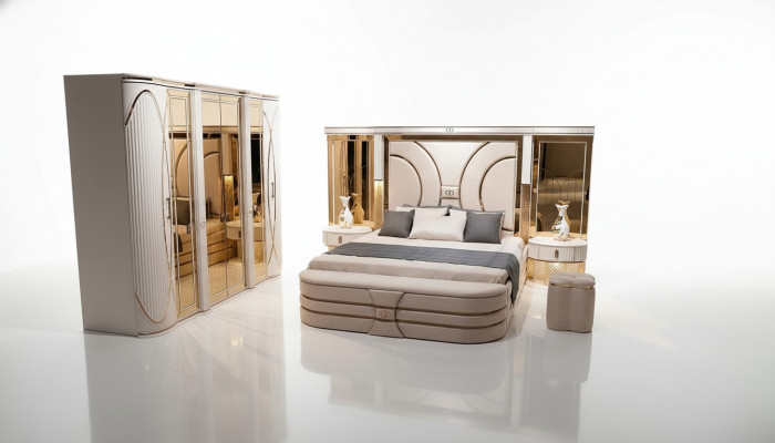 Schlofzëmmer Set Bett 2x Nuetsdëscher Hocker Luxus nei 5-Deel Design Holz