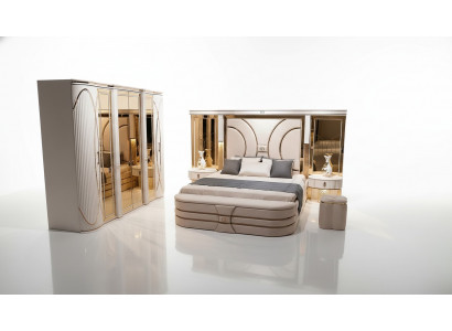 Schlofzëmmer Set Bett 2x Nuetsdëscher Hocker Luxus nei 5-Deel Design Holz