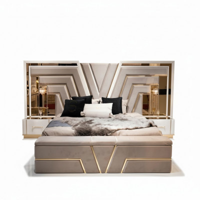 Schlofzëmmer Set Bett 2x Nuetsdëscher Luxus nei 3tlg Design Modern Holz